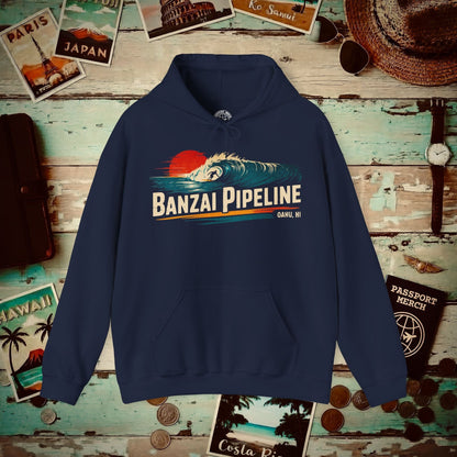Banzai Pipeline, Oahu, Hawaii - Vibrant Surf Retro Hoodie Navy / S