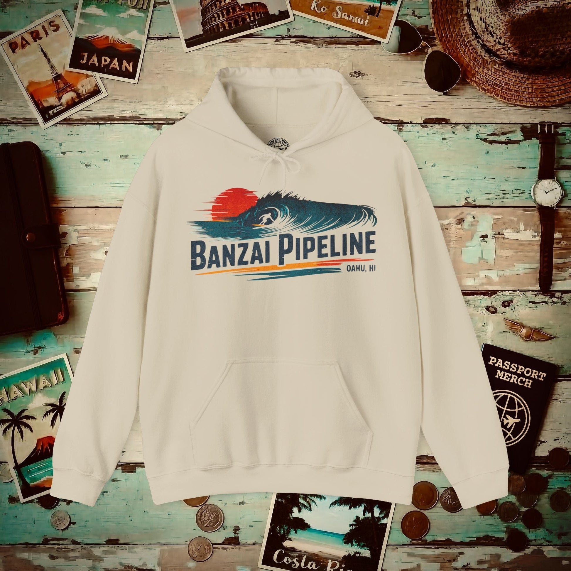 Banzai Pipeline, Oahu, Hawaii - Vibrant Surf Retro Hoodie Sand / S