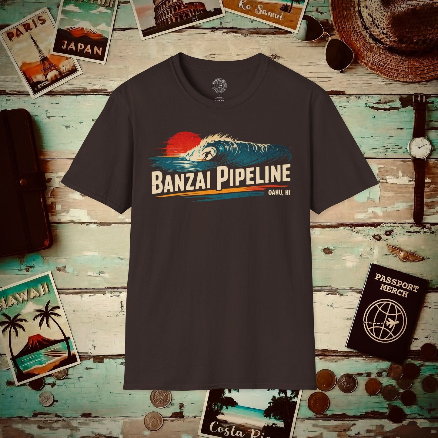 Banzai Pipeline, Oahu, Hawaii - Vibrant Surf Retro T-Shirt Dark Chocolate / S