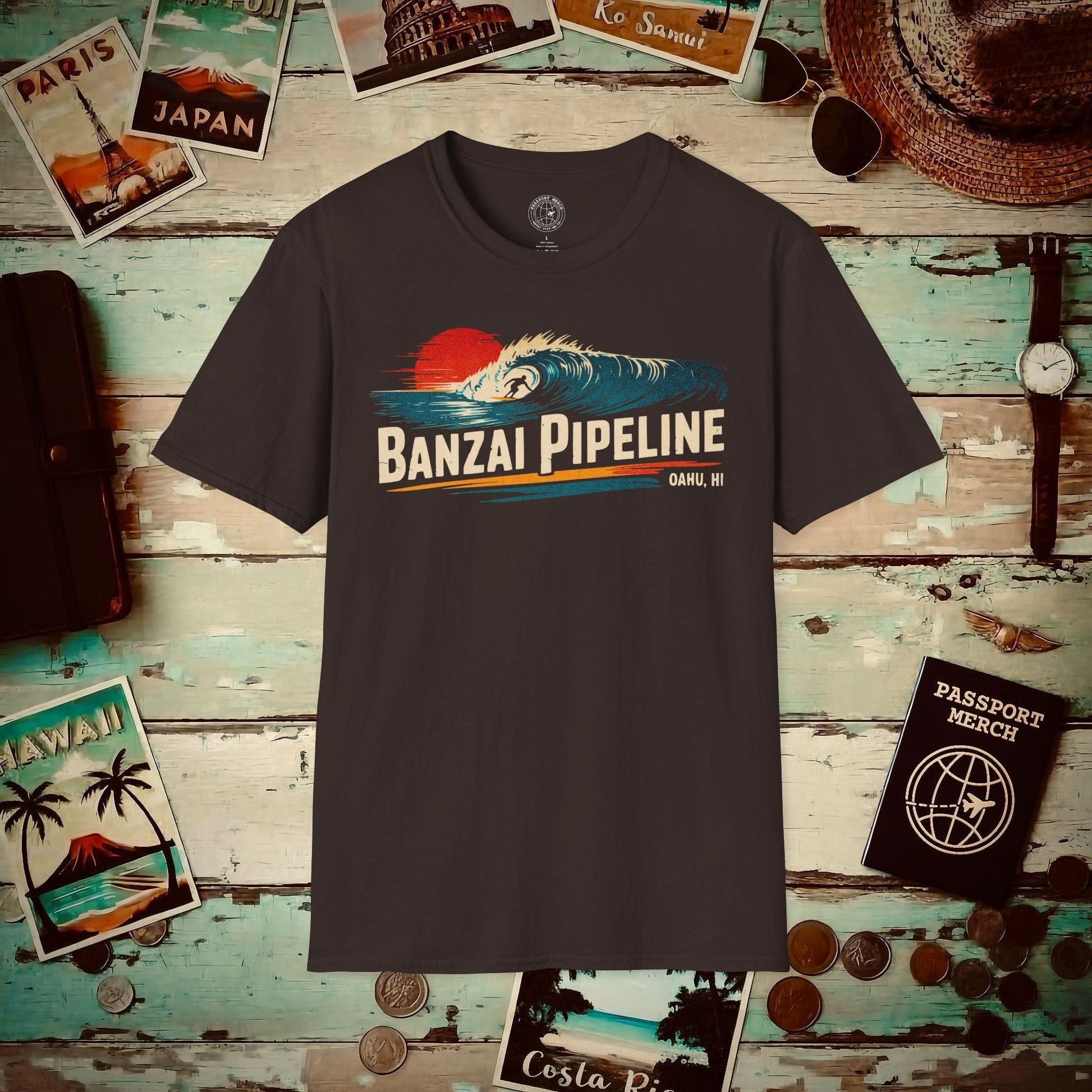 Banzai Pipeline, Oahu, Hawaii - Vibrant Surf Retro T-Shirt Dark Chocolate / S
