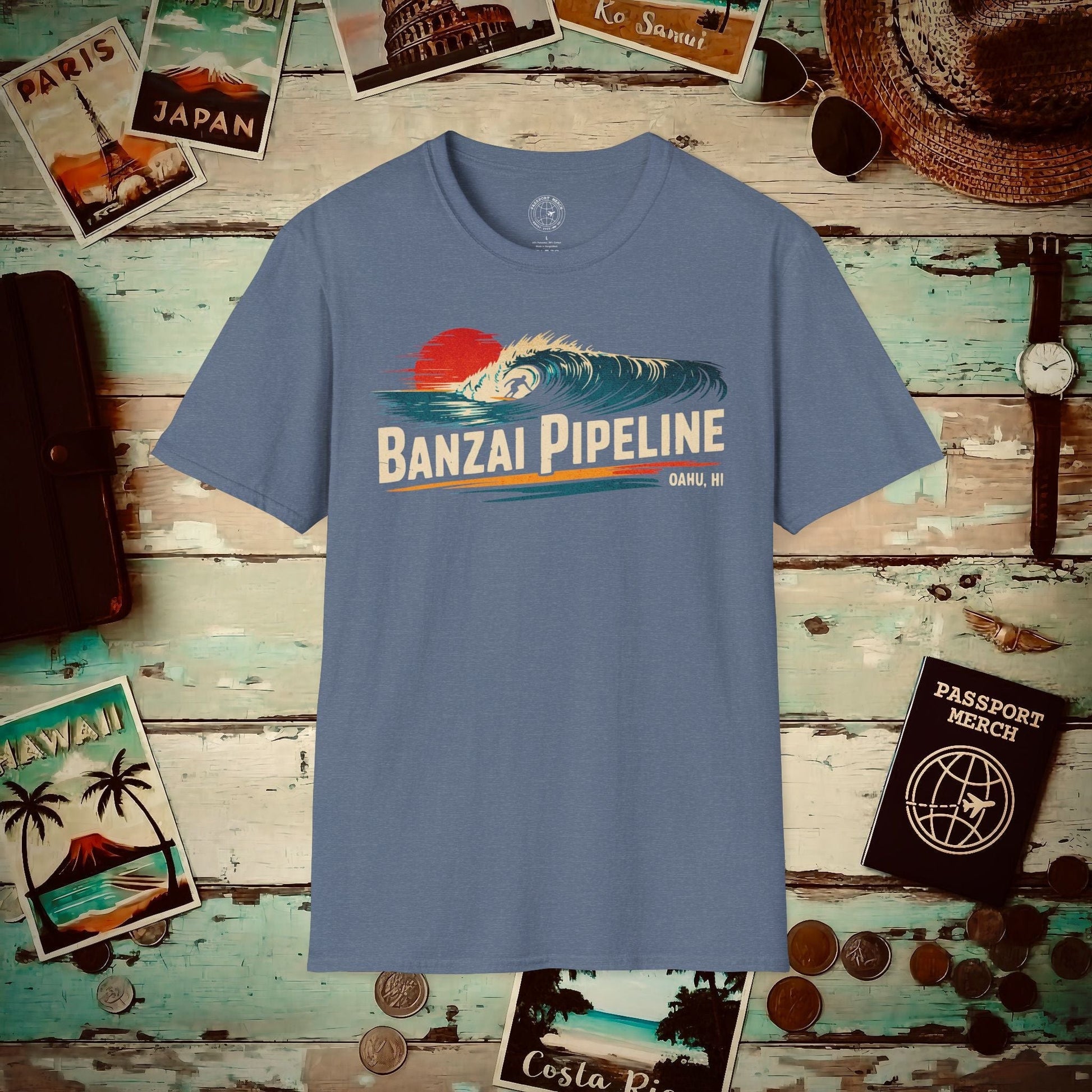 Banzai Pipeline, Oahu, Hawaii - Vibrant Surf Retro T-Shirt Heather Indigo / S