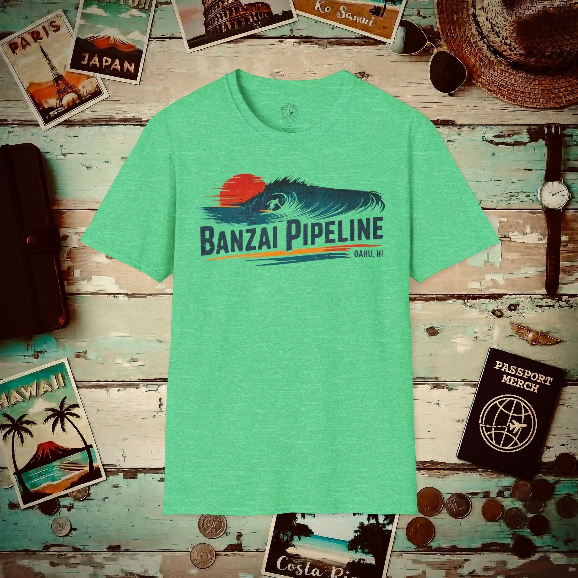 Banzai Pipeline, Oahu, Hawaii - Vibrant Surf Retro T-Shirt Heather Irish Green / S