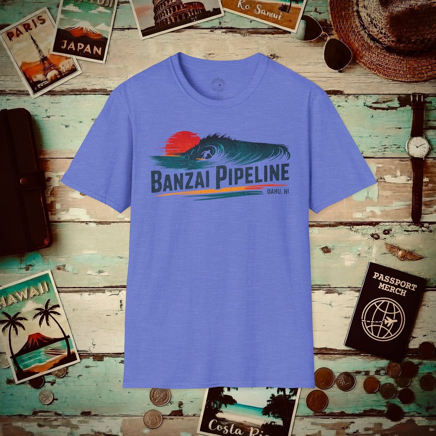 Banzai Pipeline, Oahu, Hawaii - Vibrant Surf Retro T-Shirt Heather Royal / S