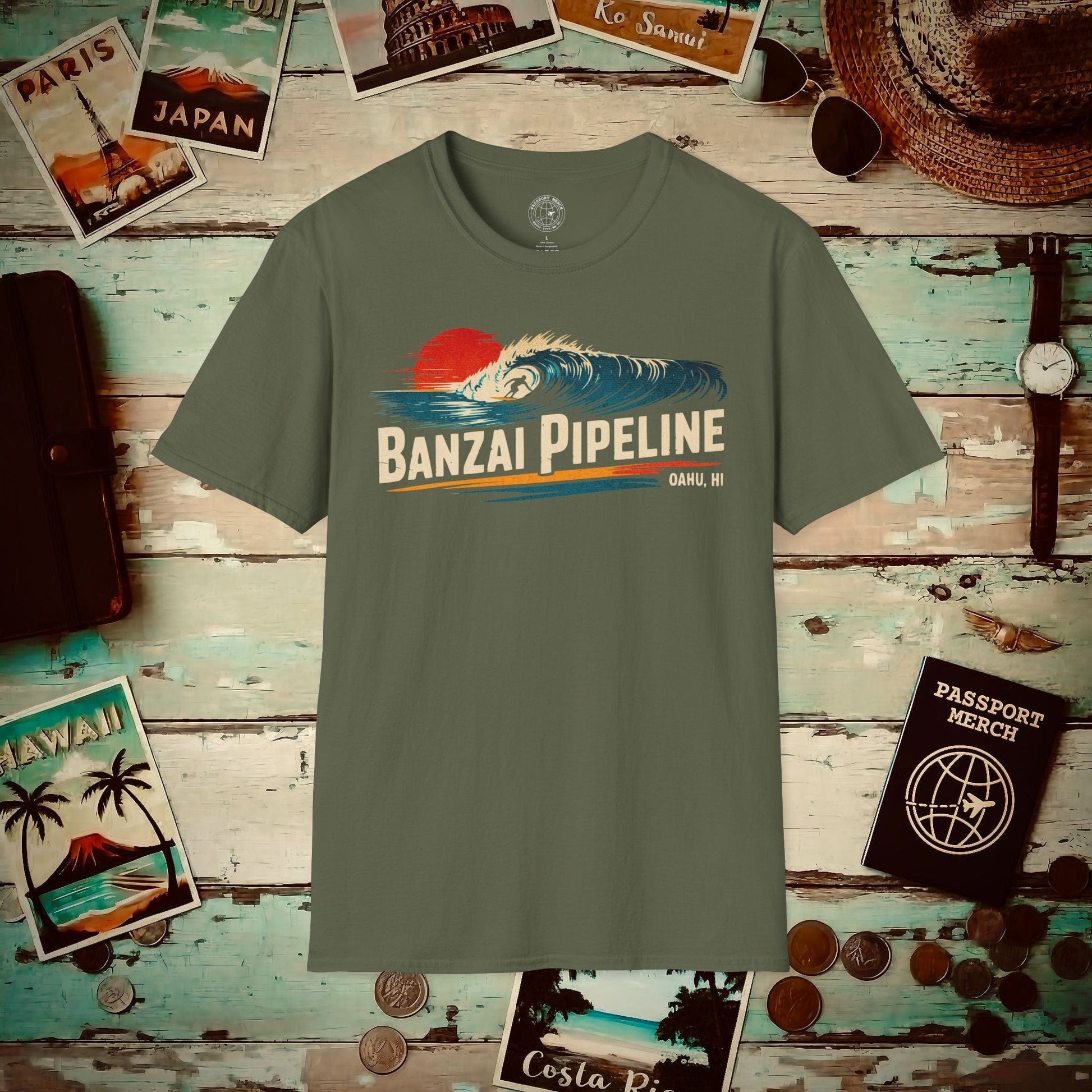 Banzai Pipeline, Oahu, Hawaii - Vibrant Surf Retro T-Shirt Military Green / S
