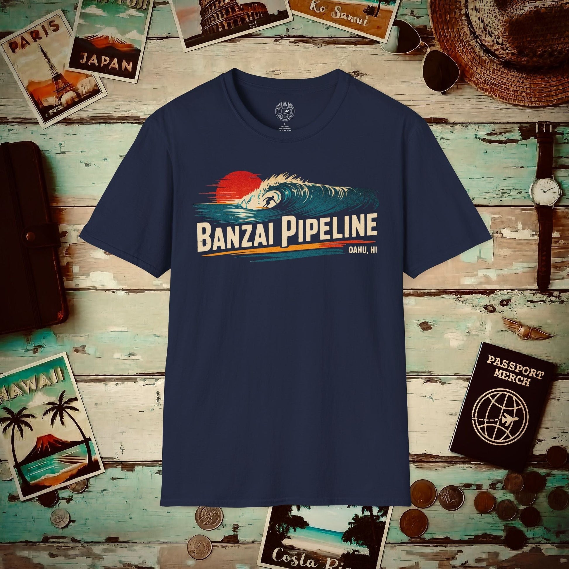 Banzai Pipeline, Oahu, Hawaii - Vibrant Surf Retro T-Shirt Navy / S