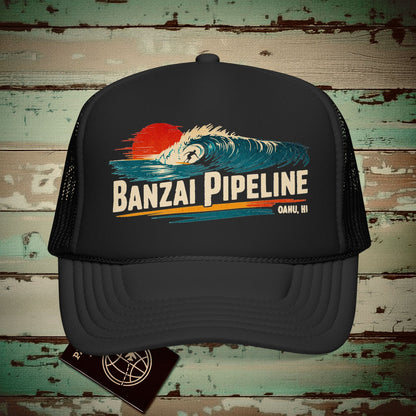 Banzai Pipeline, Oahu, Hawaii - Vibrant Surf Retro Trucker Hat Black / One size