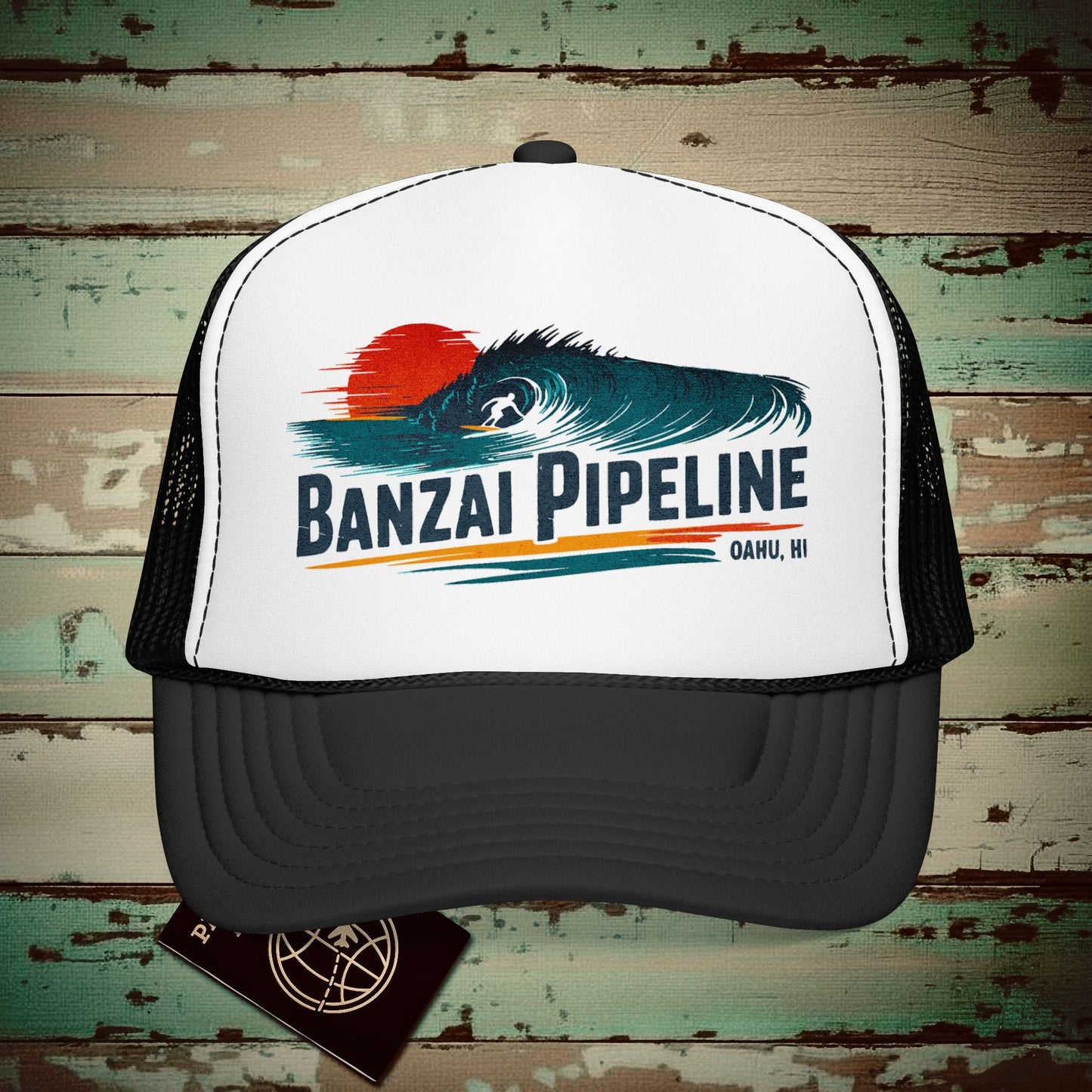 Banzai Pipeline, Oahu, Hawaii - Vibrant Surf Retro Trucker Hat Black/White / One size