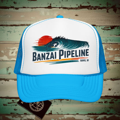 Banzai Pipeline, Oahu, Hawaii - Vibrant Surf Retro Trucker Hat Blue/White / One size