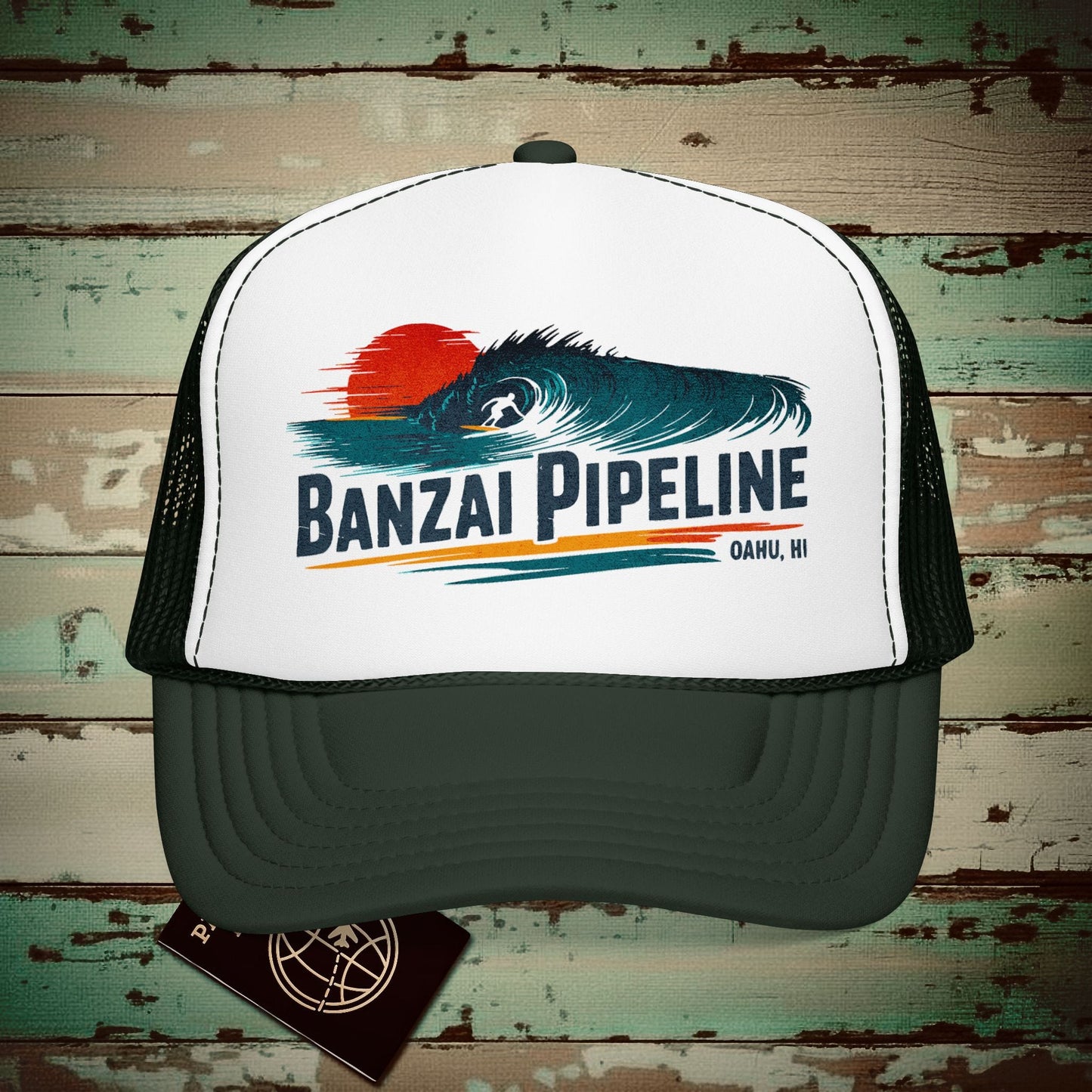 Banzai Pipeline, Oahu, Hawaii - Vibrant Surf Retro Trucker Hat Dark Green / White / Dark Green / One size