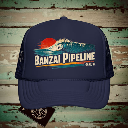 Banzai Pipeline, Oahu, Hawaii - Vibrant Surf Retro Trucker Hat Dark Navy / One size