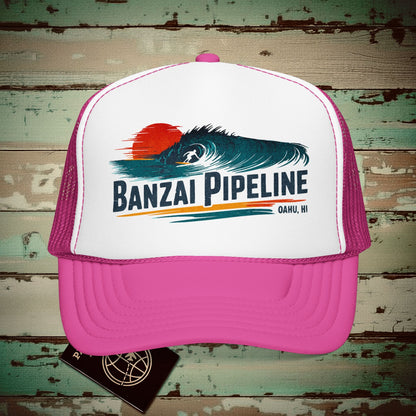 Banzai Pipeline, Oahu, Hawaii - Vibrant Surf Retro Trucker Hat Hot Pink/ White/ Hot Pink / One size