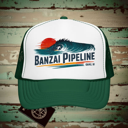 Banzai Pipeline, Oahu, Hawaii - Vibrant Surf Retro Trucker Hat Kelly/ White/ Kelly / One size