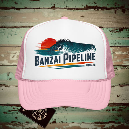 Banzai Pipeline, Oahu, Hawaii - Vibrant Surf Retro Trucker Hat Light Pink/White / One size