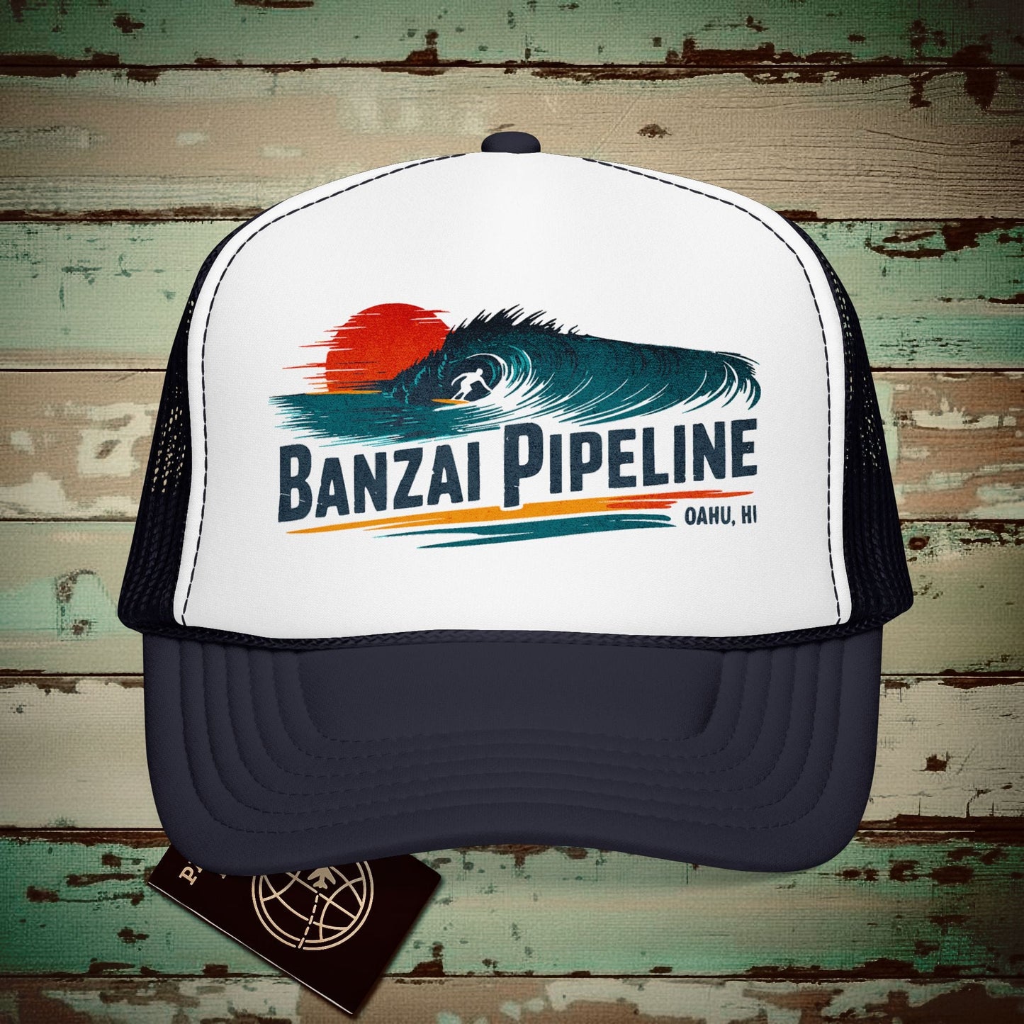 Banzai Pipeline, Oahu, Hawaii - Vibrant Surf Retro Trucker Hat Navy / White / Navy / One size