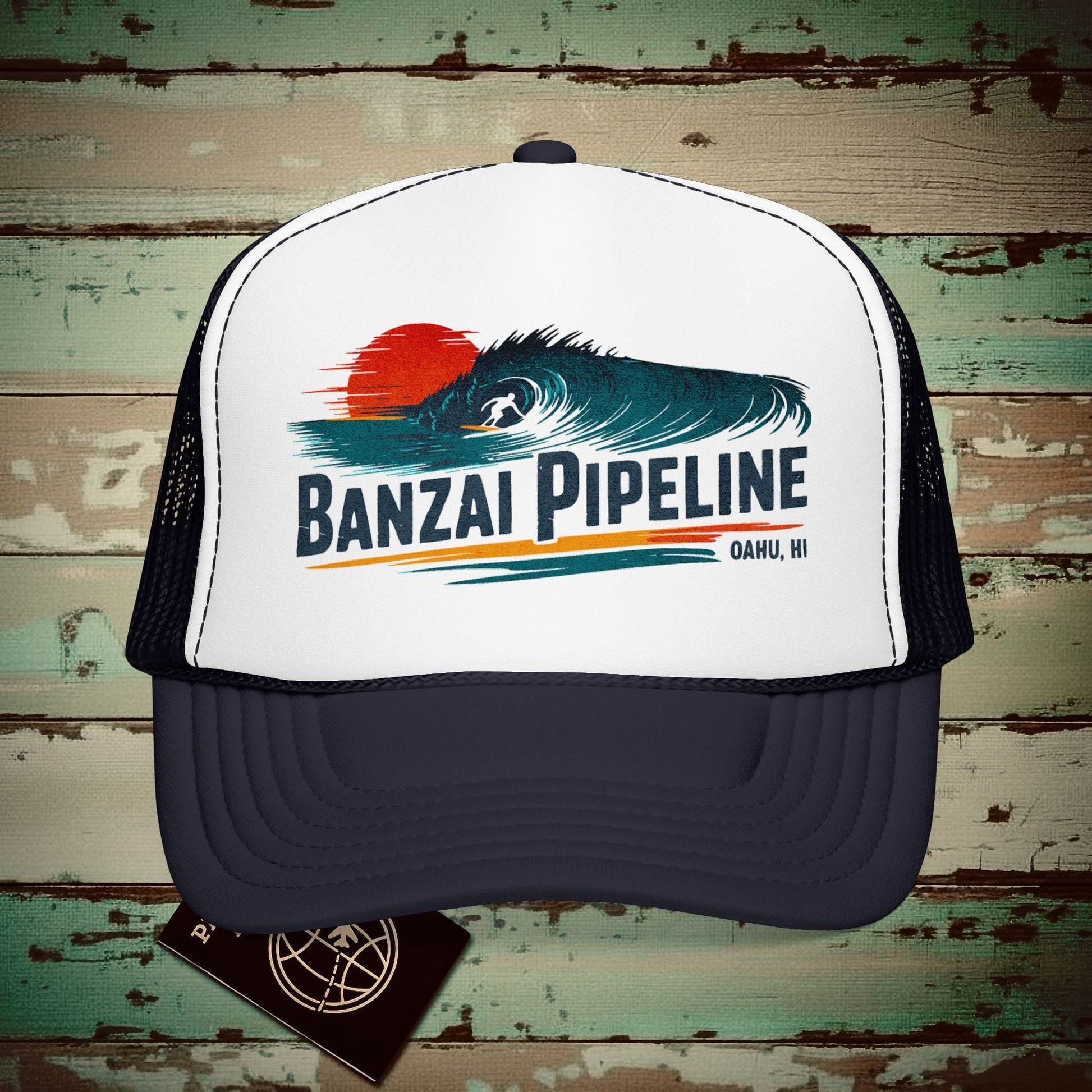 Banzai Pipeline, Oahu, Hawaii - Vibrant Surf Retro Trucker Hat Navy / White / Navy / One size