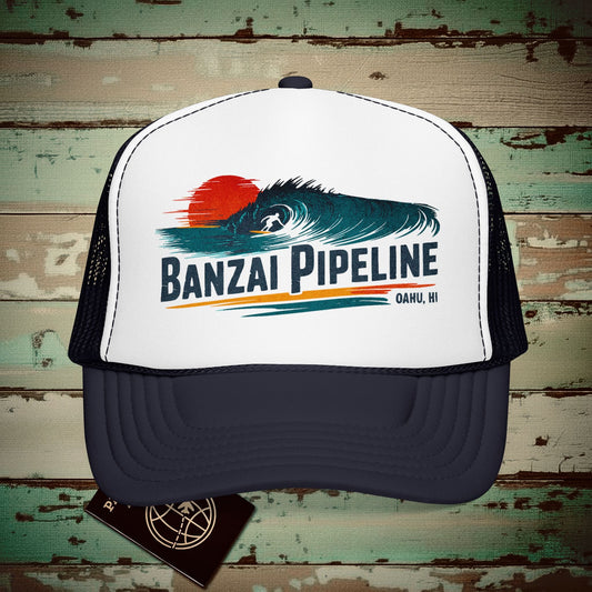 Banzai Pipeline, Oahu, Hawaii - Vibrant Surf Retro Trucker Hat Navy / White / Navy / One size