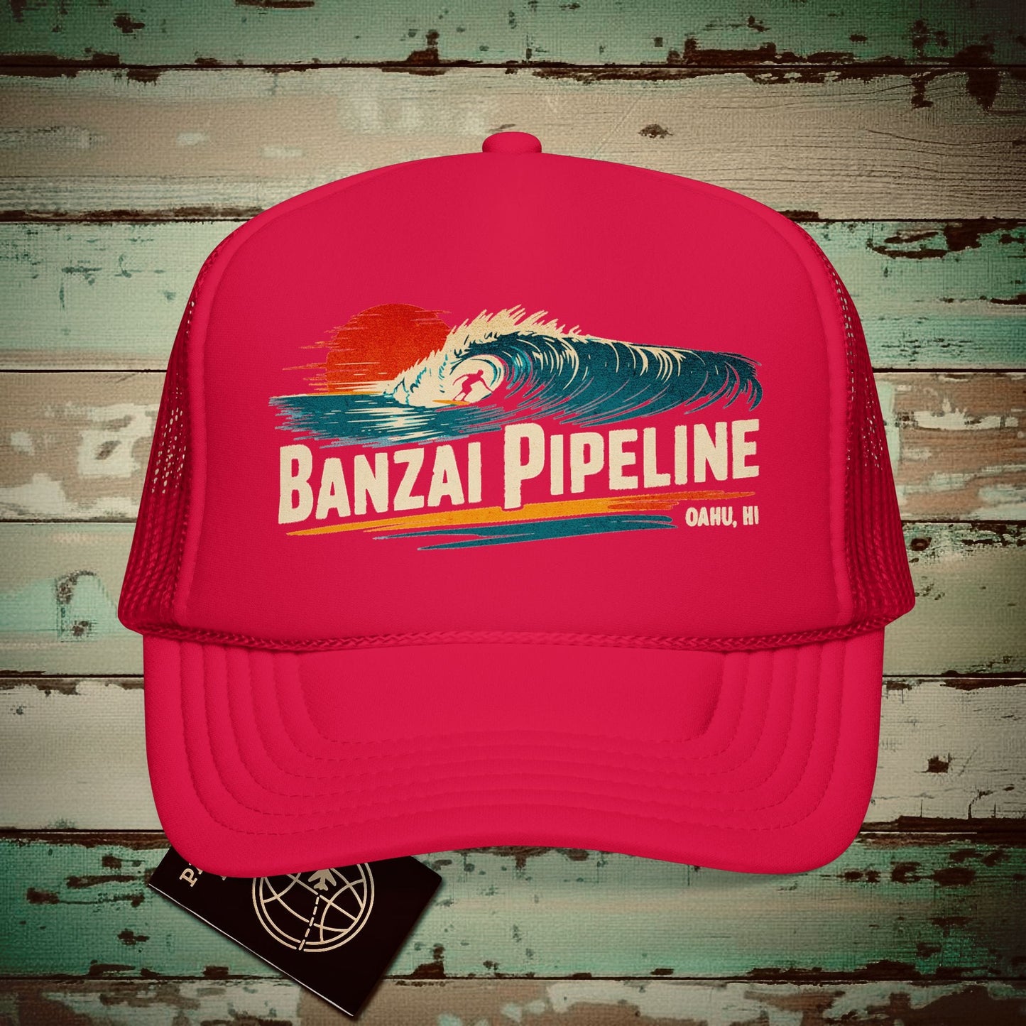 Banzai Pipeline, Oahu, Hawaii - Vibrant Surf Retro Trucker Hat Red / One size