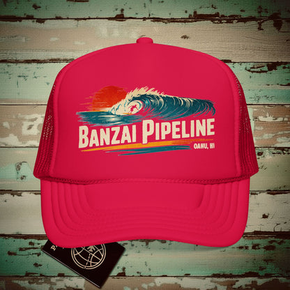 Banzai Pipeline, Oahu, Hawaii - Vibrant Surf Retro Trucker Hat Red / One size