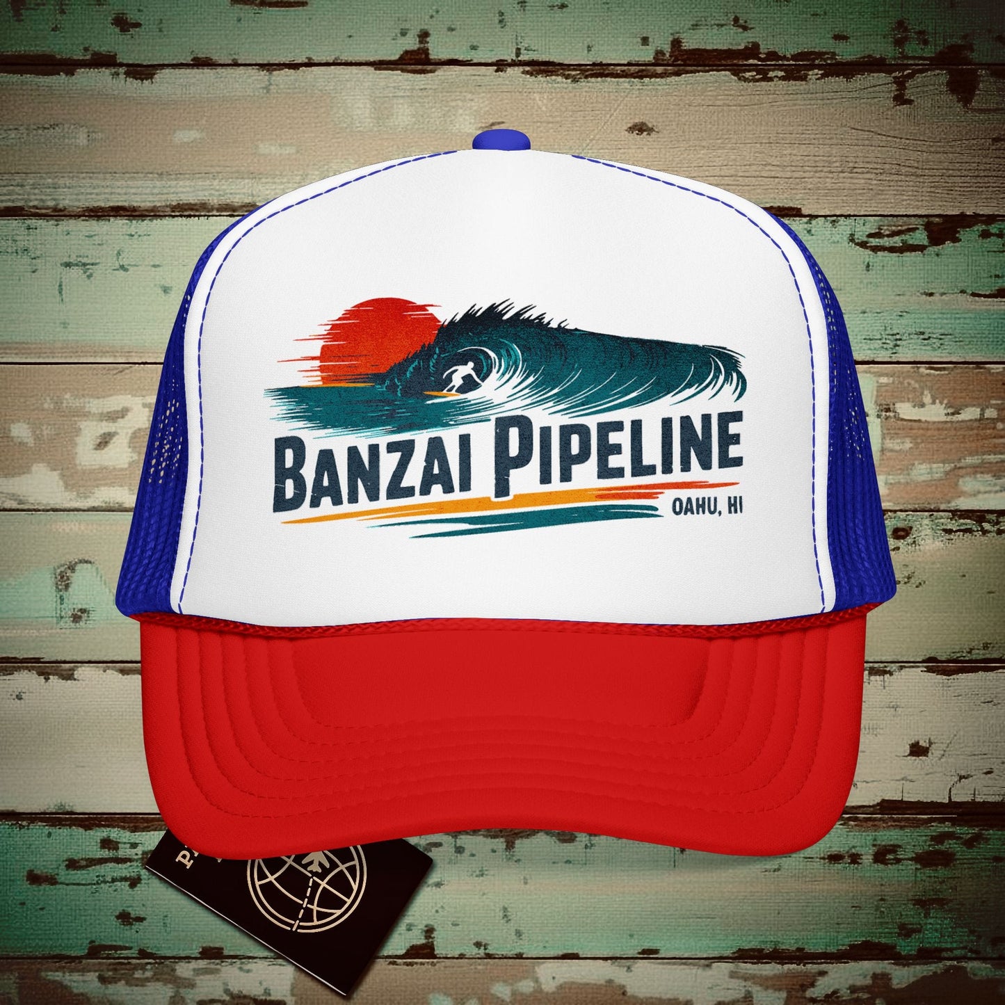 Banzai Pipeline, Oahu, Hawaii - Vibrant Surf Retro Trucker Hat Red / White / Royal / One size