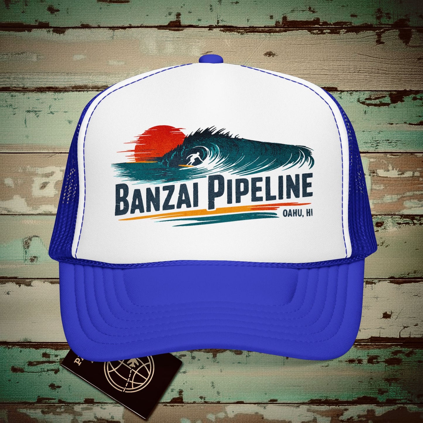 Banzai Pipeline, Oahu, Hawaii - Vibrant Surf Retro Trucker Hat Royal / White / Royal / One size