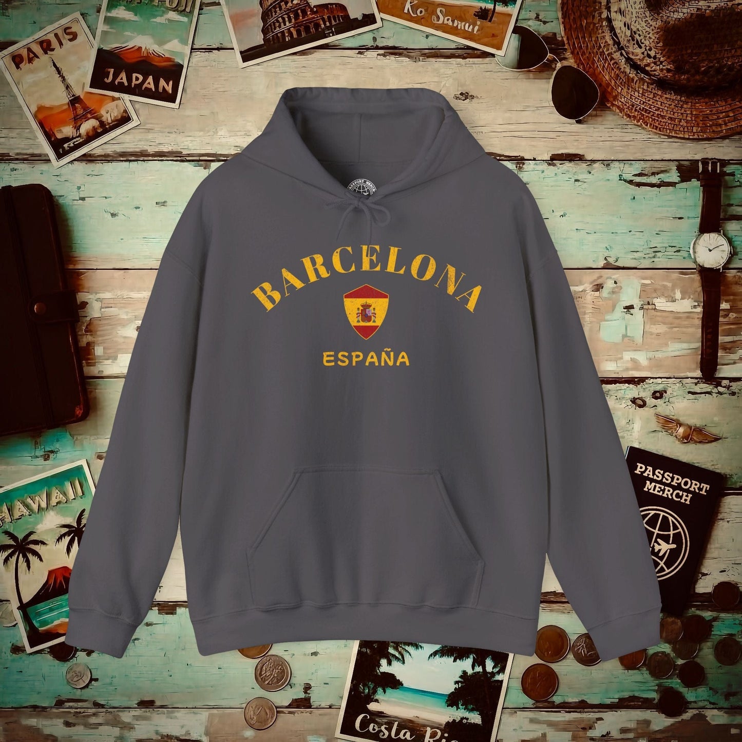 Barcelona with Coat of Arms Spain Hoodie Charcoal / S