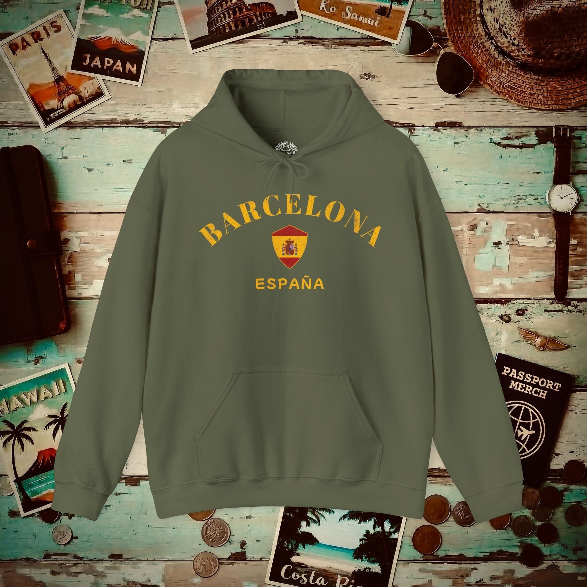Barcelona with Coat of Arms Spain Hoodie Military Green / S