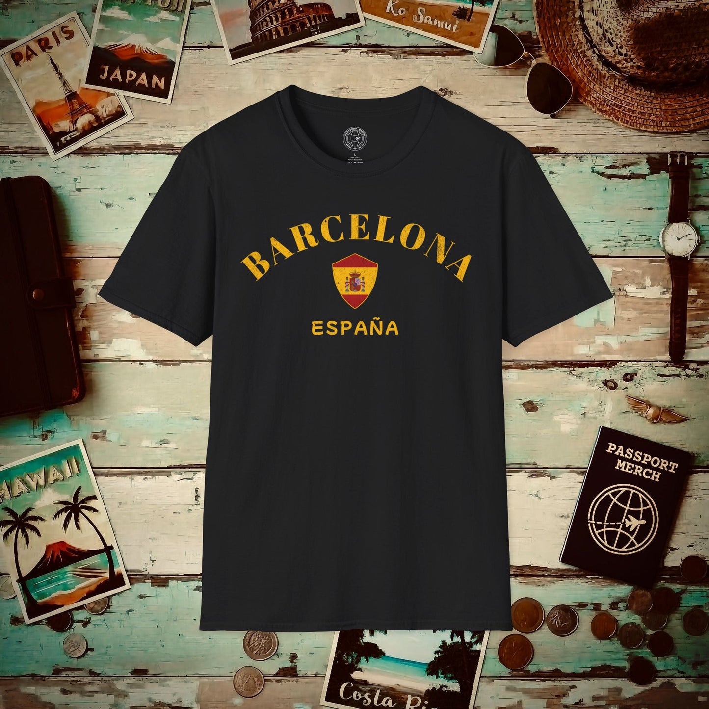 Barcelona with Coat of Arms Spain T-Shirt Black / S