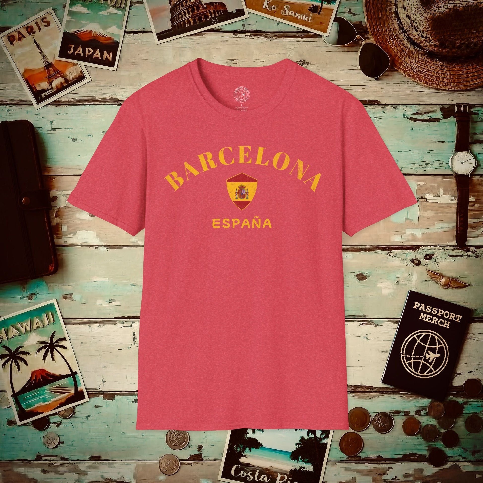 Barcelona with Coat of Arms Spain T-Shirt Heather Red / S