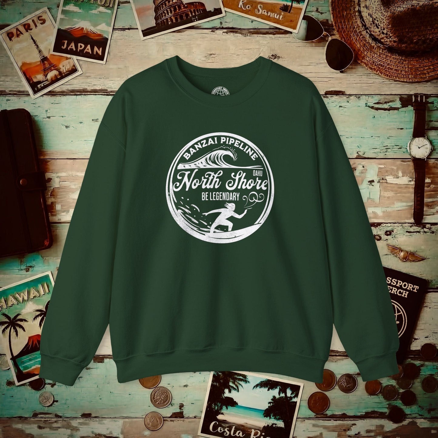 Be Legendary, Banzai Pipeline, Oahu Hawaii Crewneck Forest Green / S