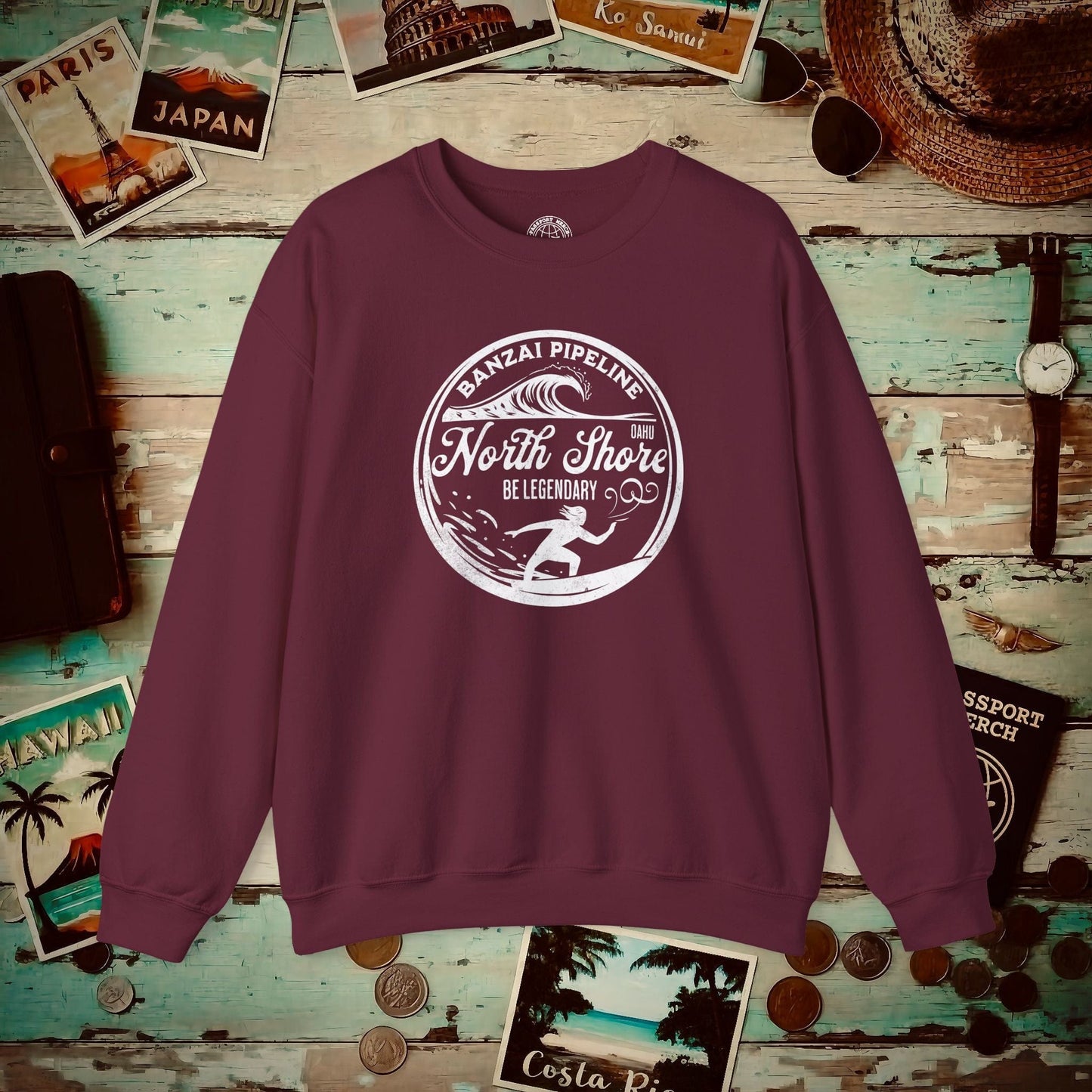 Be Legendary, Banzai Pipeline, Oahu Hawaii Crewneck Maroon / S