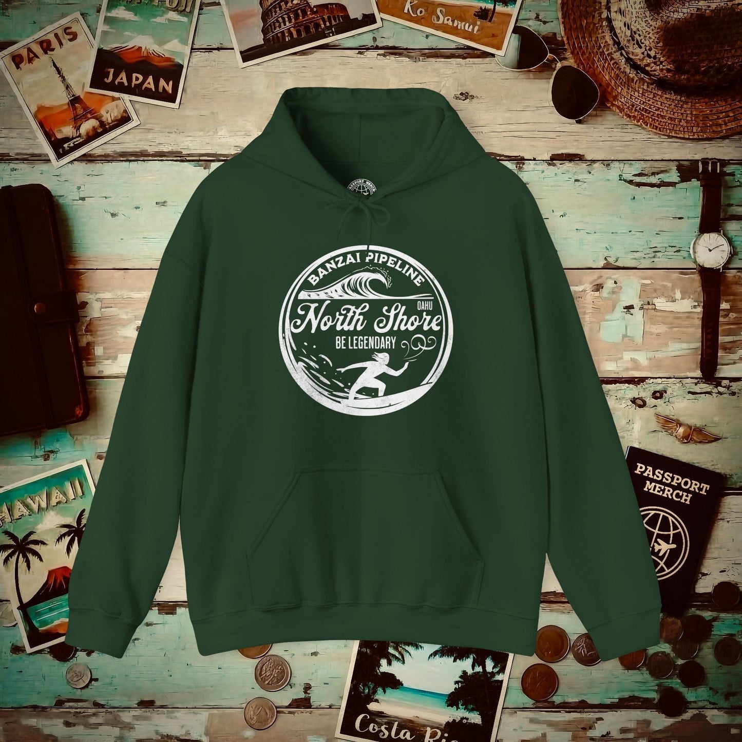 Be Legendary, Banzai Pipeline, Oahu Hawaii Hoodie Forest Green / S