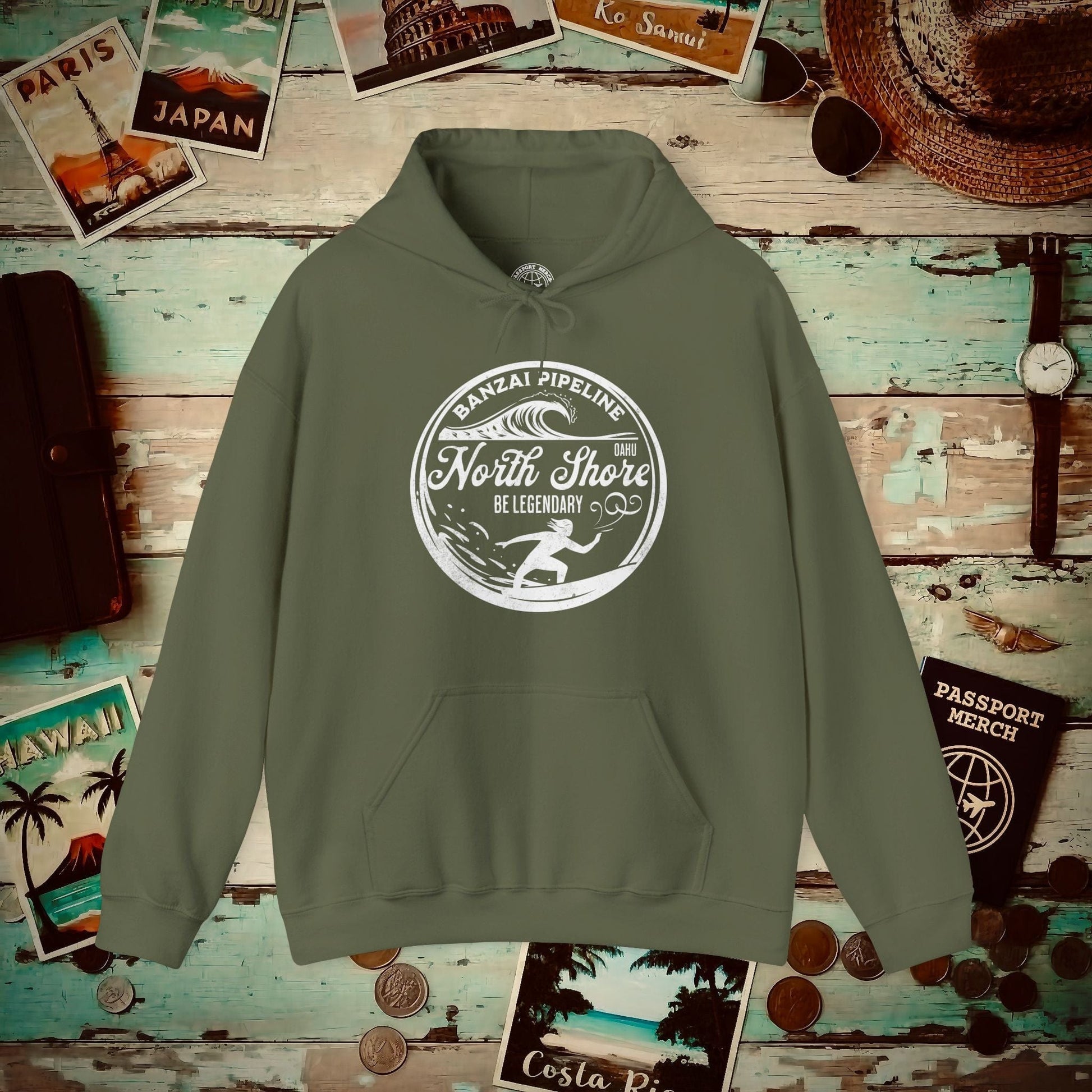 Be Legendary, Banzai Pipeline, Oahu Hawaii Hoodie Military Green / S