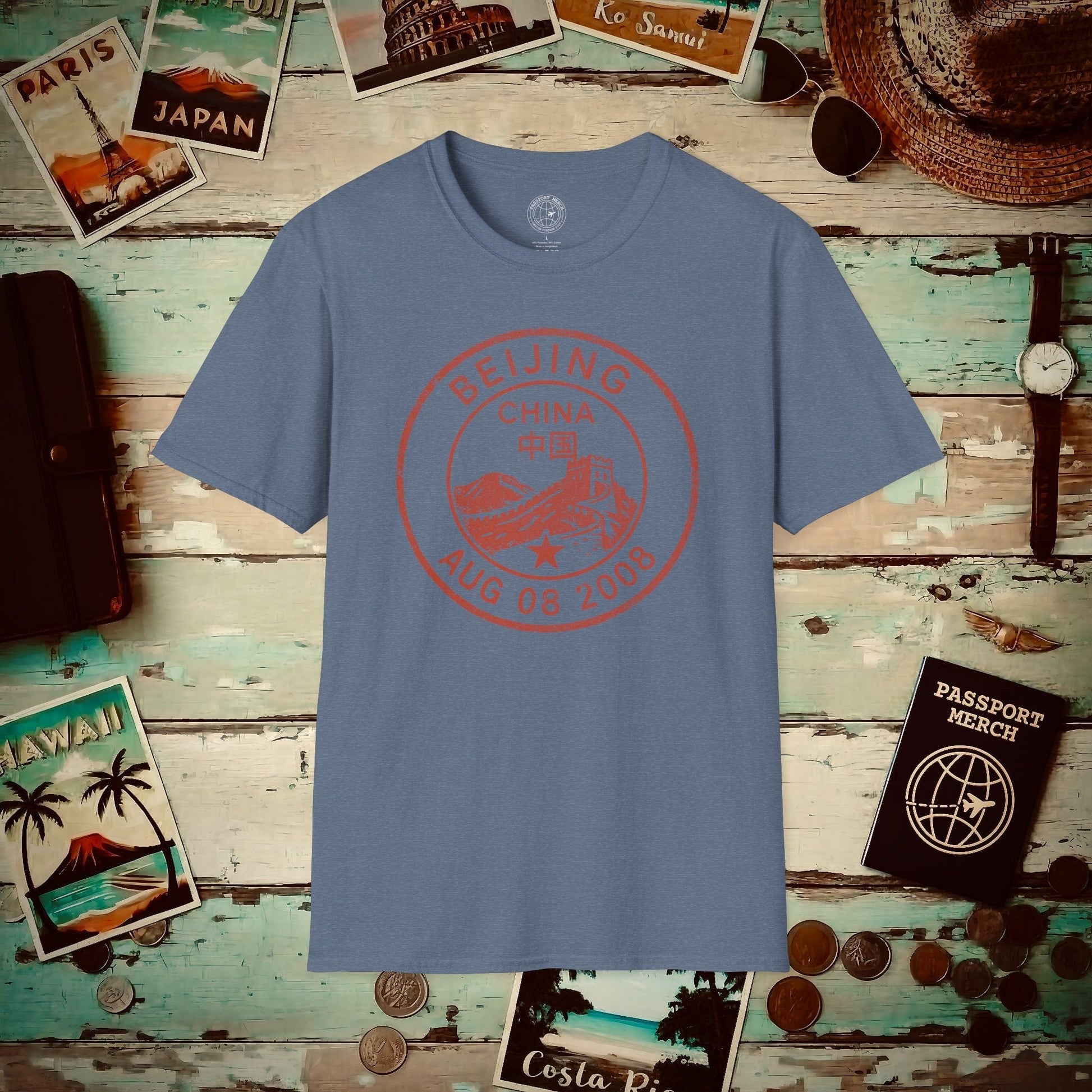 Beijing, China - Vintage Passport Stamp T-Shirt Heather Indigo / S