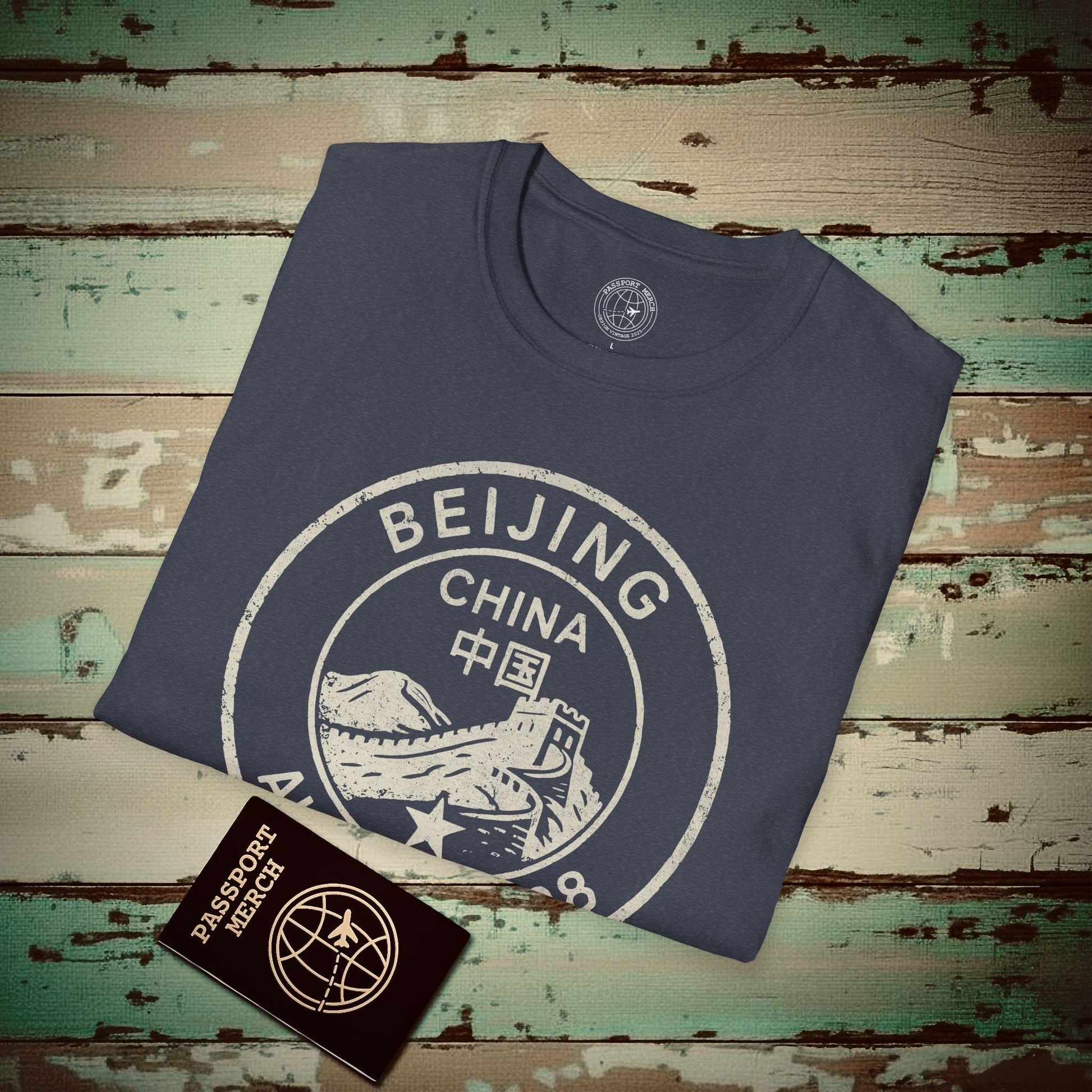 Beijing, China - Vintage Passport Stamp T-Shirt Heather Navy / S