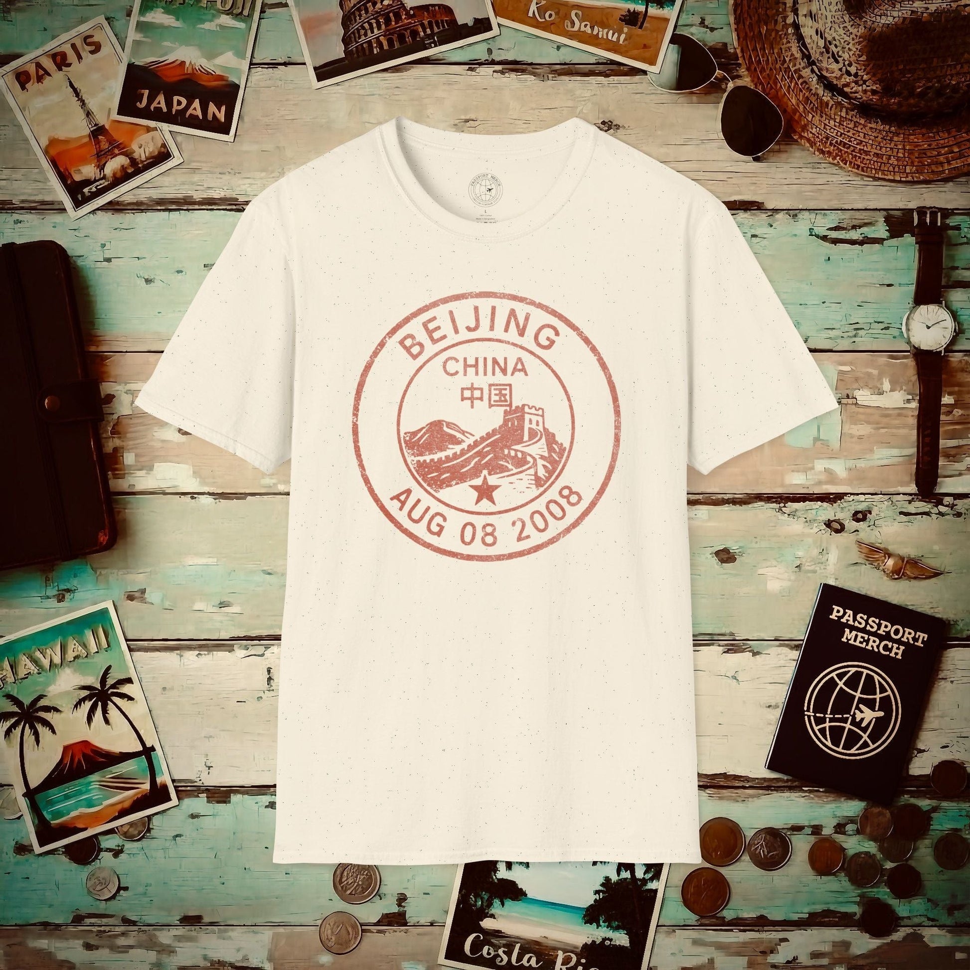 Beijing, China - Vintage Passport Stamp T-Shirt Natural / S