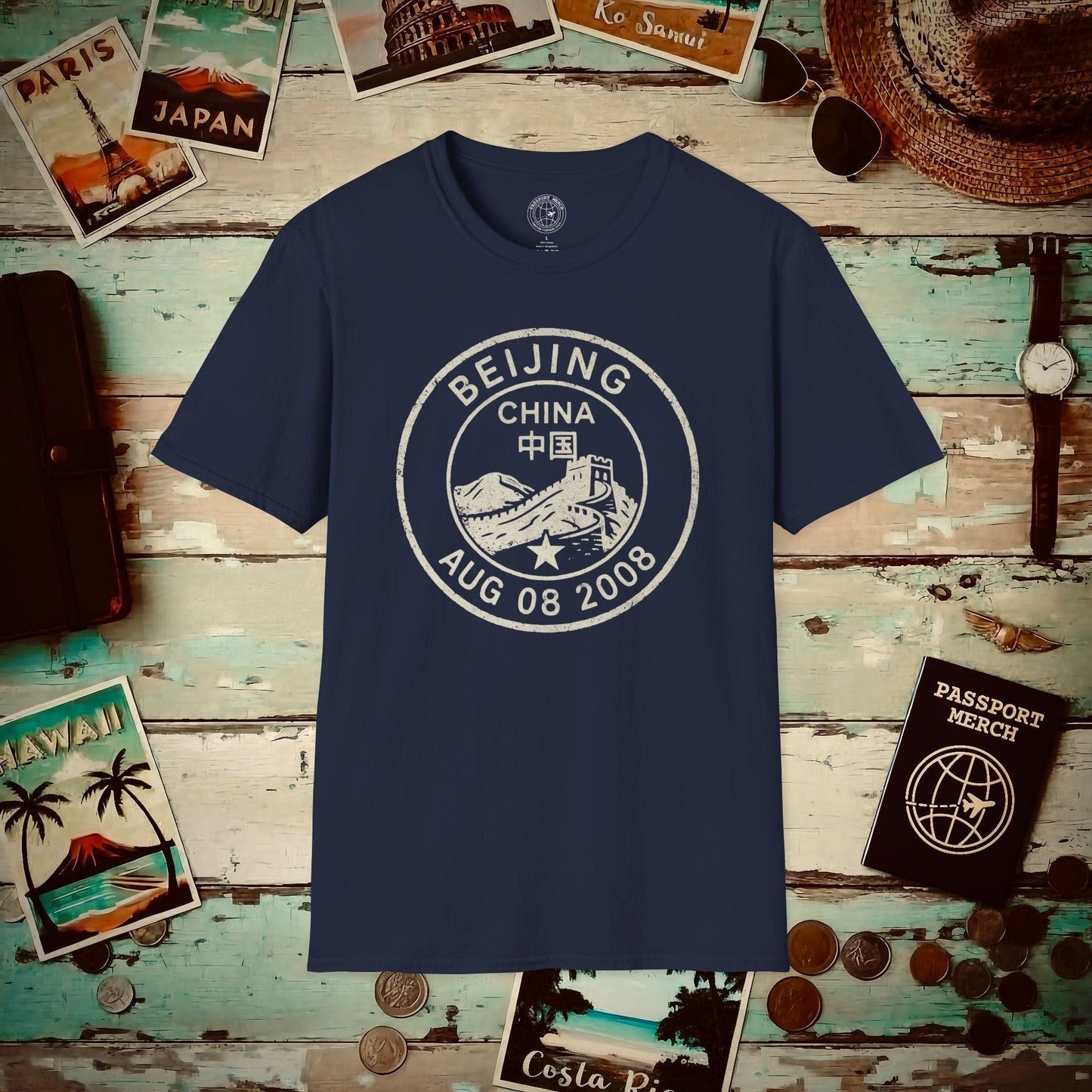 Beijing, China - Vintage Passport Stamp T-Shirt Navy / S