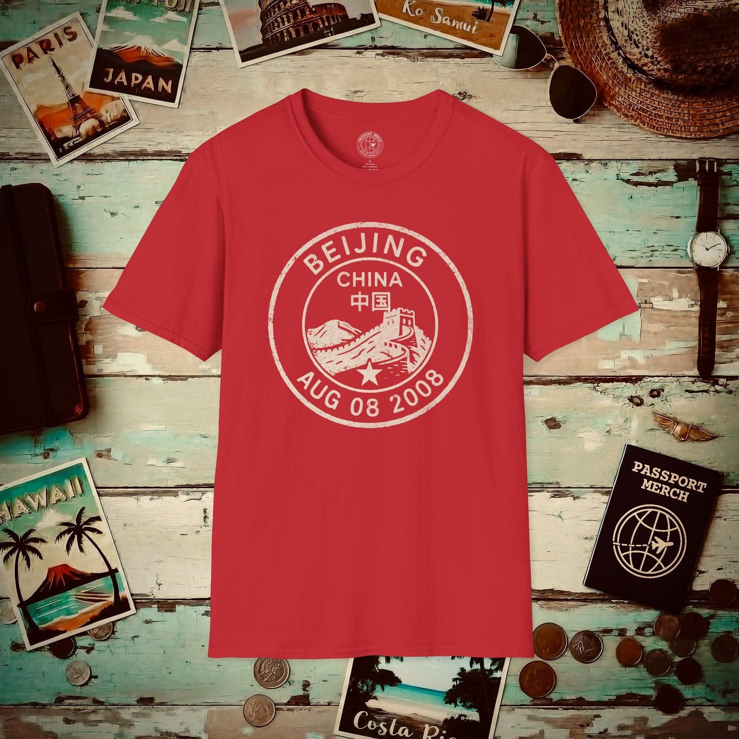 Beijing, China - Vintage Passport Stamp T-Shirt Red / S