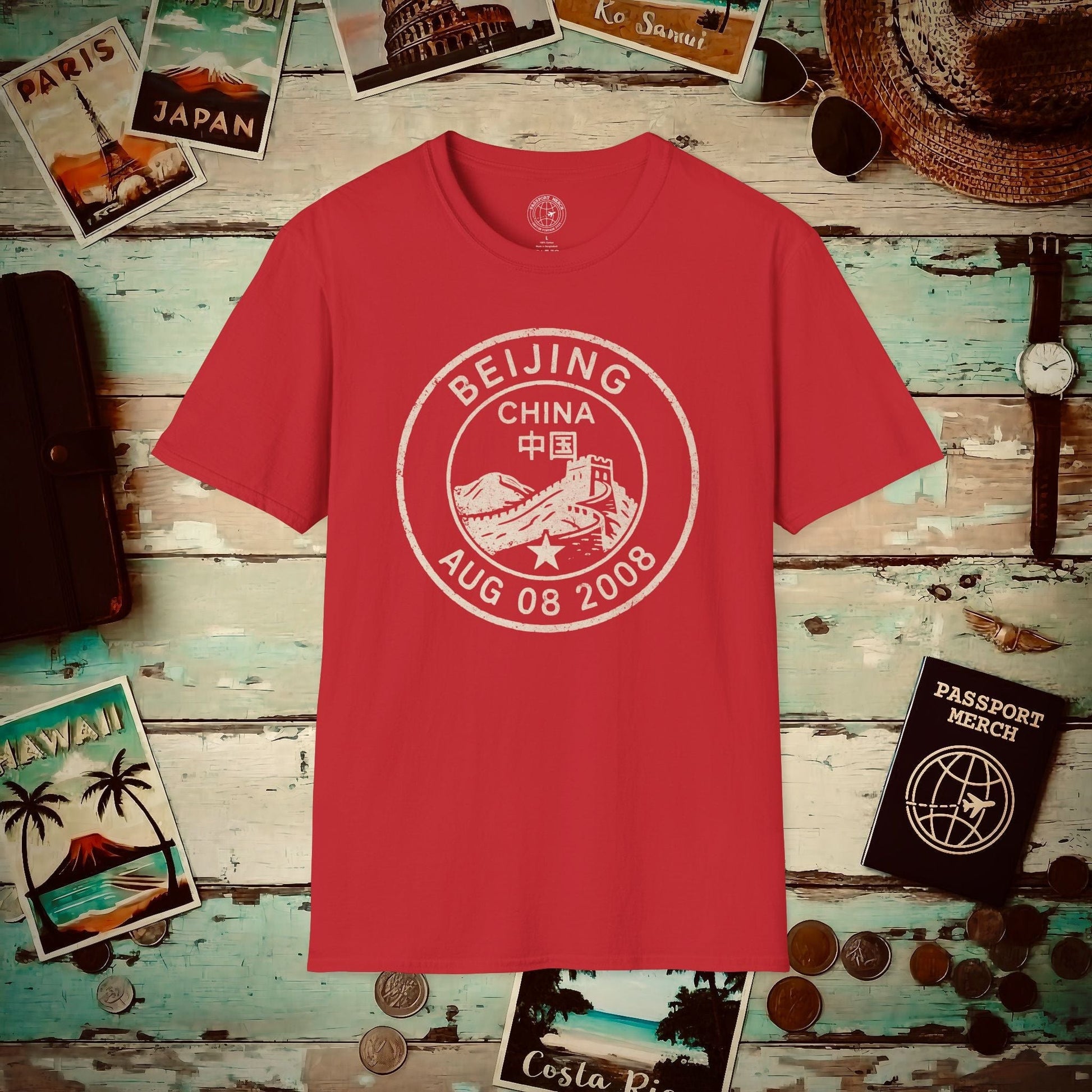 Beijing, China - Vintage Passport Stamp T-Shirt Red / S