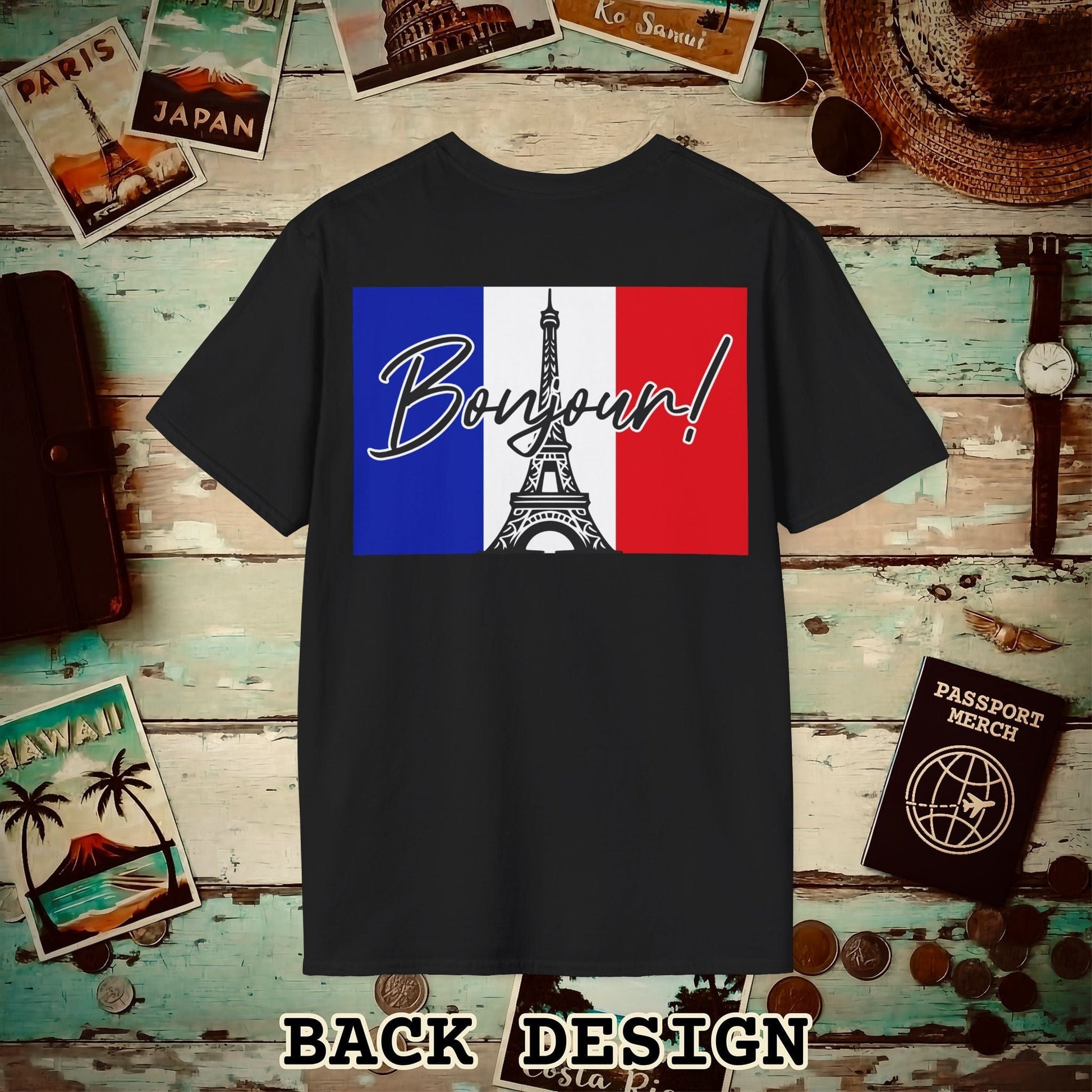 Bonjour Eiffel Tower Paris France Back Print T-Shirt Black / S