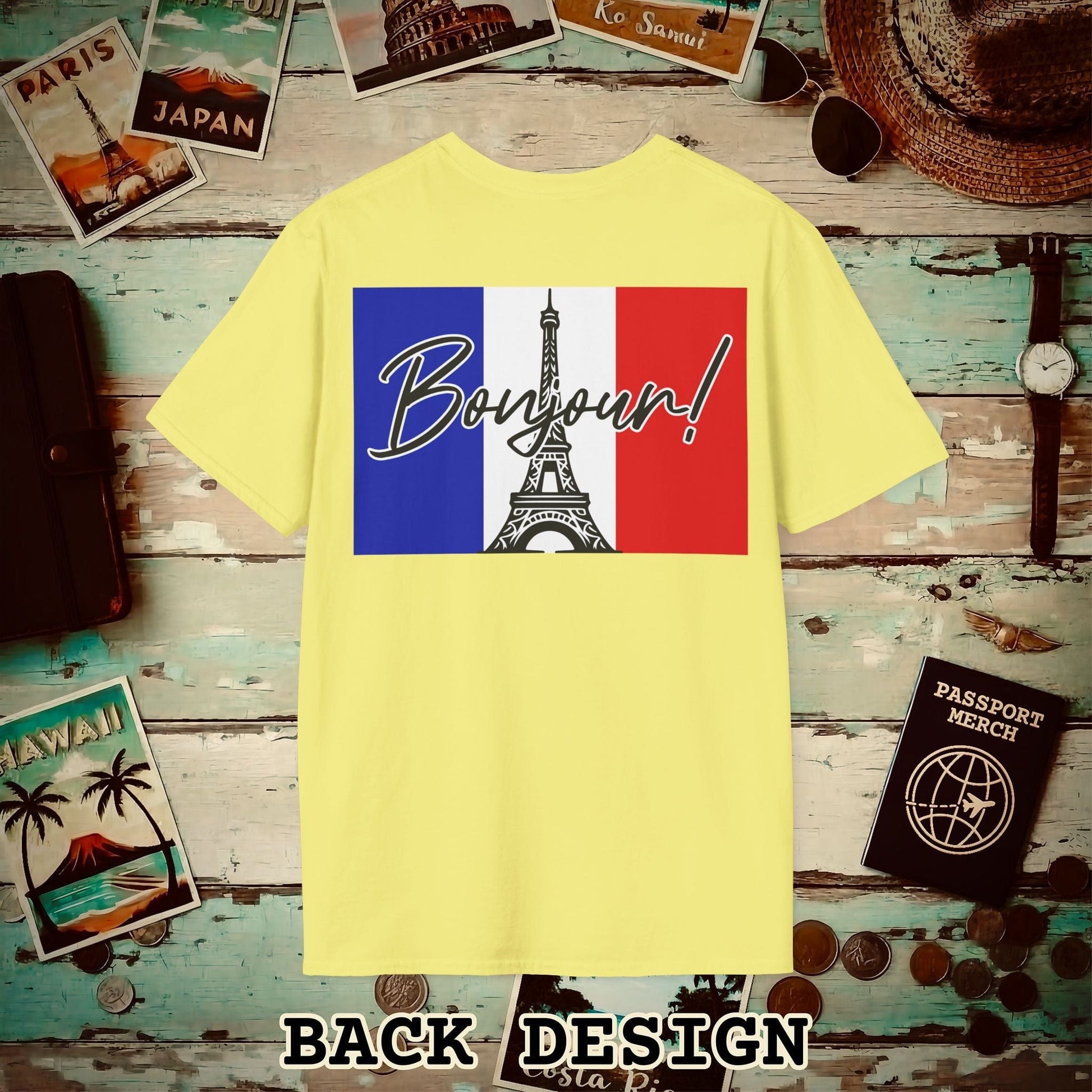 Bonjour Eiffel Tower Paris France Back Print T-Shirt Cornsilk / S