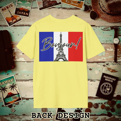Bonjour Eiffel Tower Paris France Back Print T-Shirt Cornsilk / S