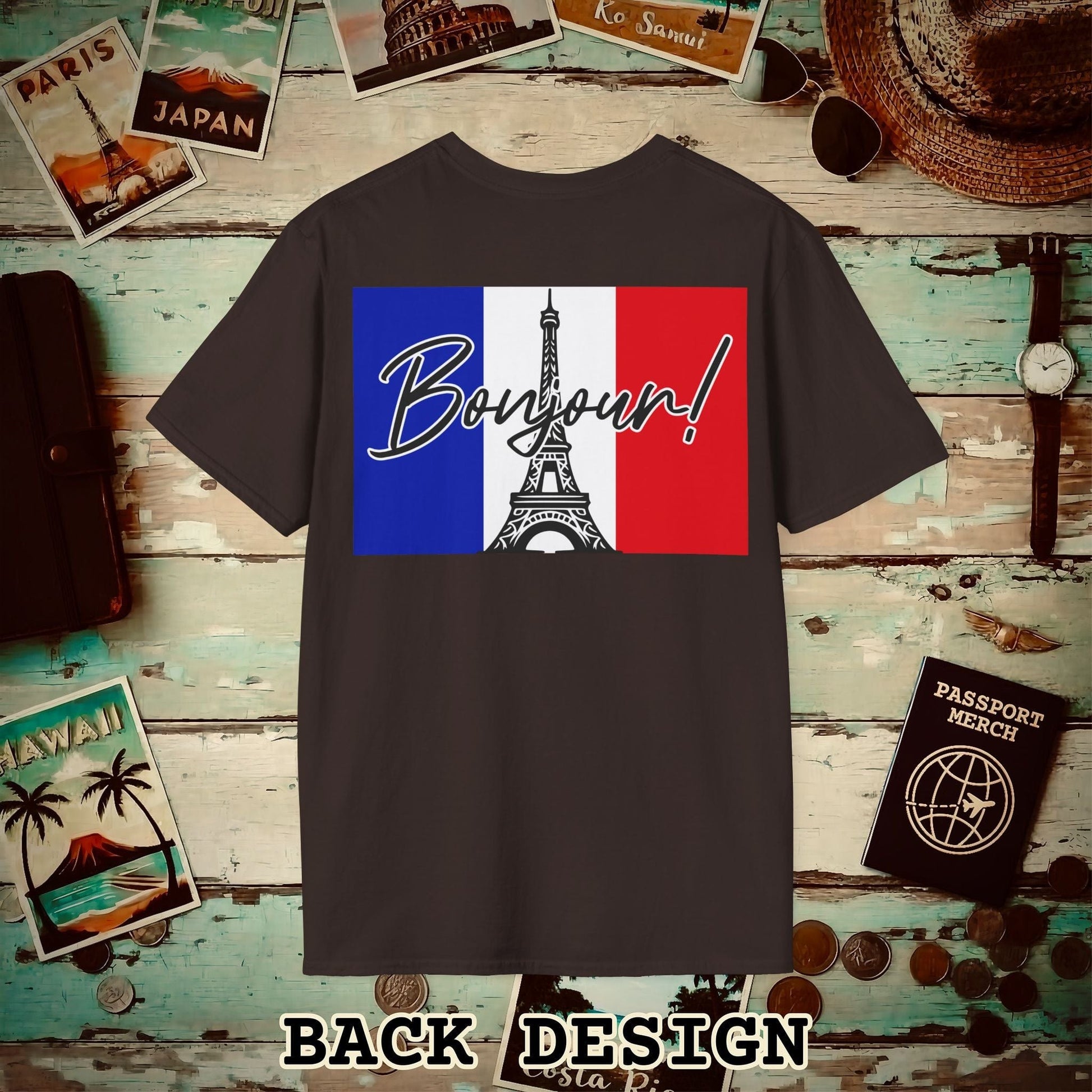 Bonjour Eiffel Tower Paris France Back Print T-Shirt Dark Chocolate / S