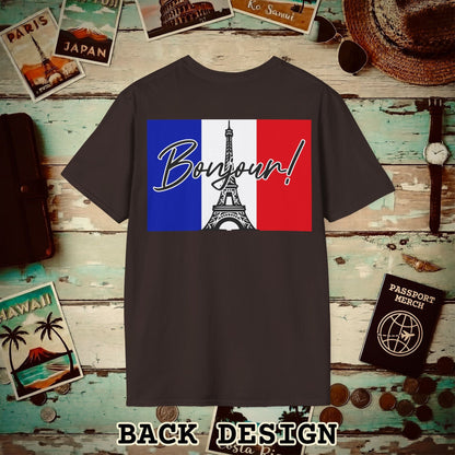 Bonjour Eiffel Tower Paris France Back Print T-Shirt Dark Chocolate / S