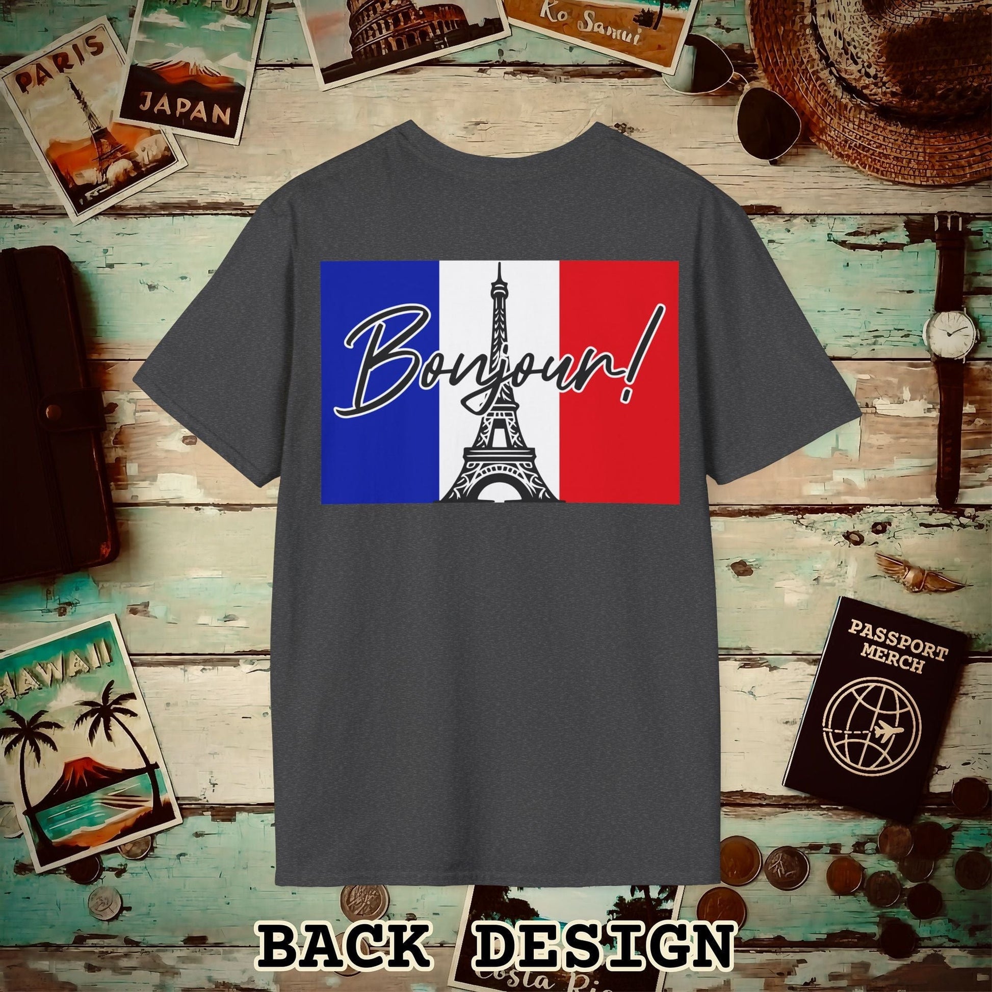 Bonjour Eiffel Tower Paris France Back Print T-Shirt Dark Heather / S