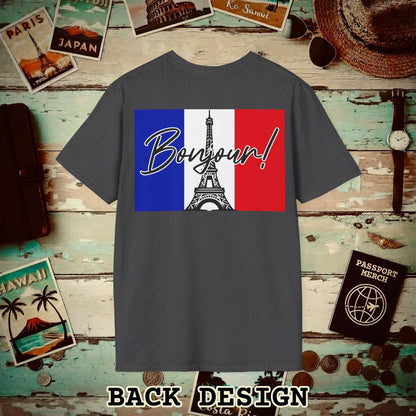 Bonjour Eiffel Tower Paris France Back Print T-Shirt Dark Heather / S