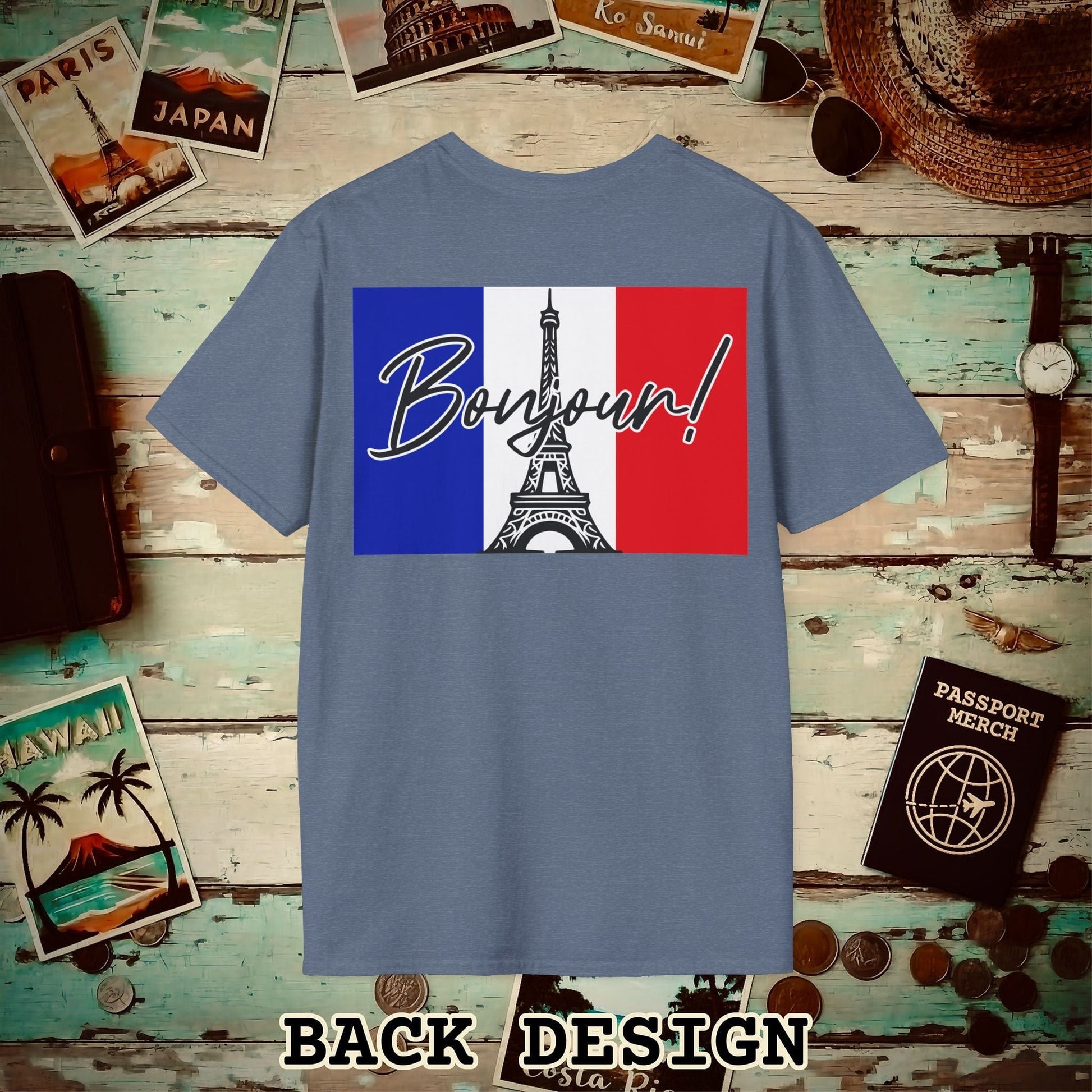 Bonjour Eiffel Tower Paris France Back Print T-Shirt Heather Indigo / S