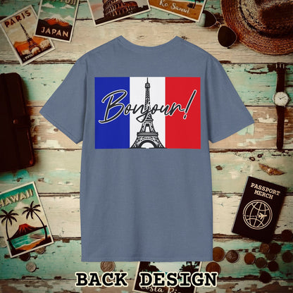 Bonjour Eiffel Tower Paris France Back Print T-Shirt Heather Indigo / S
