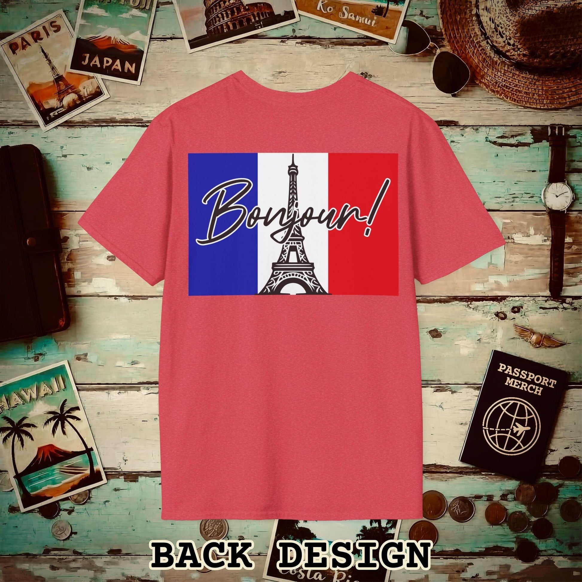 Bonjour Eiffel Tower Paris France Back Print T-Shirt Heather Red / S