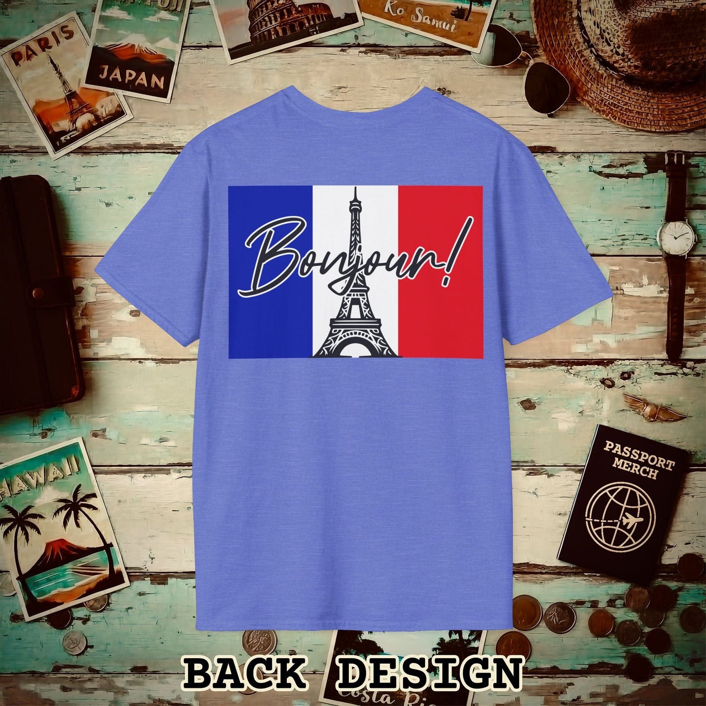 Bonjour Eiffel Tower Paris France Back Print T-Shirt Heather Royal / S
