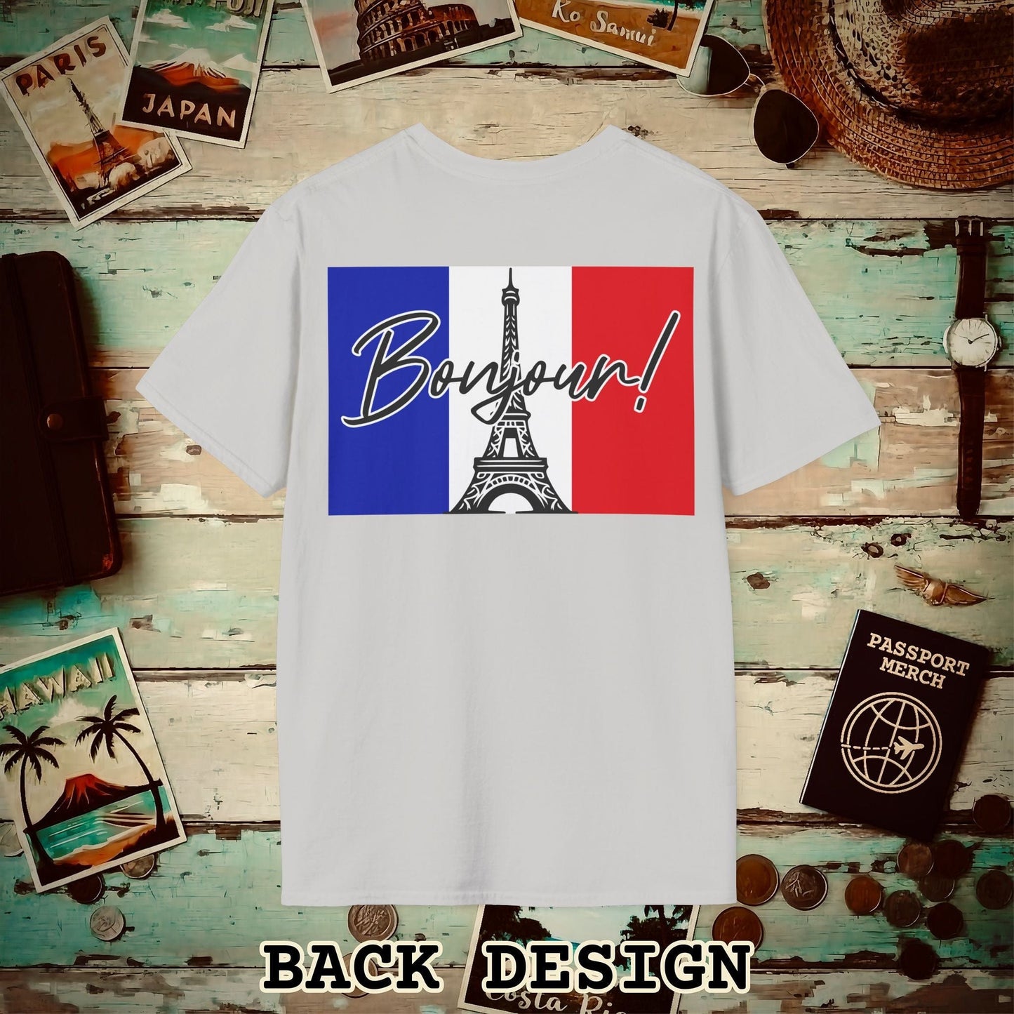 Bonjour Eiffel Tower Paris France Back Print T-Shirt Ice Grey / S